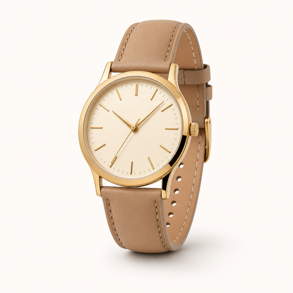 White-background packshot of a gold watch